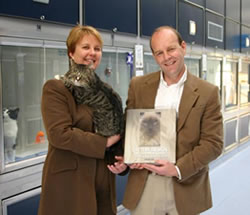 Helen Ralston, Chief Executive of Cats Protection with author David Key and rescue cat Sam